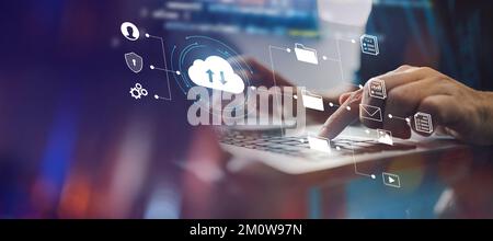 Internet cloud computing technology and online data storage for transferring backup file. Document Management System (DMS) concept. Stock Photo