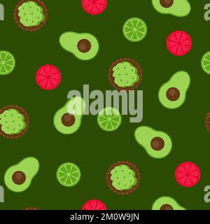Seamless pattern with Mexican traditional Guacamole sauce with lime on green background with avocado. Vector illustration. Cute endless background Stock Vector