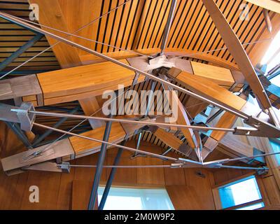 Oak beams and stainless steel connectors in the roof of the debating chamber in the Scottish Parliament Building at Holyrood, Edinburgh, Scotland, UK. Stock Photo