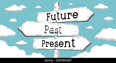 Future, past, present - outline signpost with three arrows Stock Photo