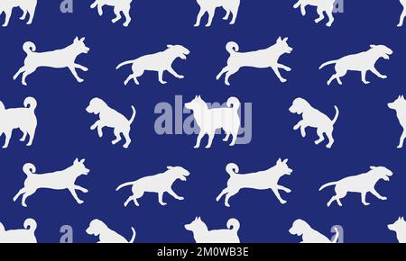 Silhouette dogs in various poses isolated on blue background. Seamless pattern. Endless texture. Design for fabric, decor, wallpaper, wrapping paper. Stock Vector