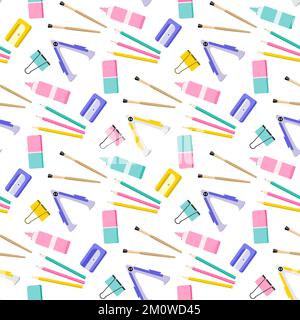 Vector seamless pattern Stationery items for school Illustration Goods for training. Back to school. Pencil Paintbrush Sharpener Staple remover Eraser Stock Vector