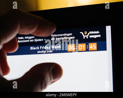 Paris, France - Nov 28, 2022: Amazon Prime website Black Friday is ending in 8 minutes on the Amazon.nl. Dutch website of the online e-commerce giant Stock Photo