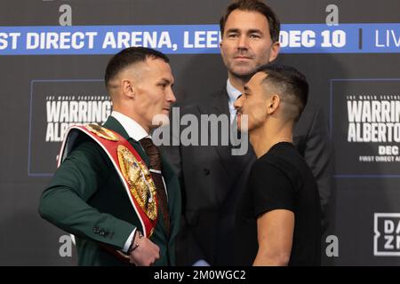 Leeds, UK. 08th Dec, 2022. The Banking Hall, Aspire, Infirmary Street, Leeds, West Yorkshire, 8th December 2022. Boxing promoter Eddie Hearn (centre), Josh Warrington (left) and Luis Alberto Lopez during the Josh Warrington vs Luis Alberto Lopez   Undercard Press Conference Credit: Touchlinepics/Alamy Live News Stock Photo