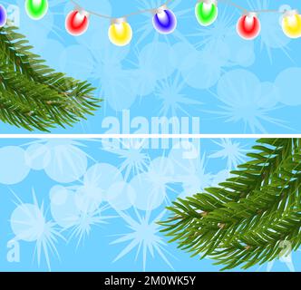 Two white and blue banners with snowflakes, fir branches and a garland. Concept of christmas and new year. Vector image. Stock Vector
