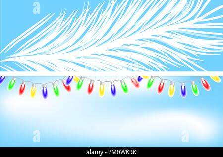 Two white and blue banners with a spruce branch and a garland. Concept of christmas and new year. Vector image. Stock Vector
