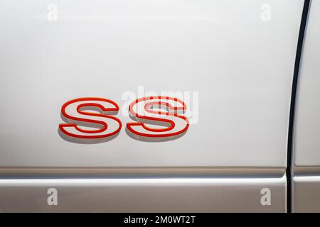 Des Moines, IA - July 03, 2022: Close up detail view of a 1997 Chevrolet Camaro SS side fender at a local car show. Stock Photo