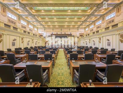 Floor of the historic House of Representatives chamber of the Oklahoma State Capitol building in Oklahoma City, Oklahoma Stock Photo