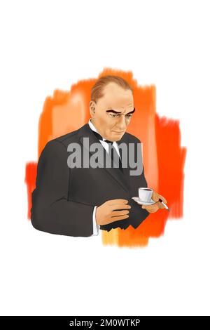 High quality drawing of Atatürk portrait illustration. Ataturk drinks coffee Stock Photo