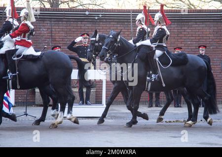 London, UK. 8th Dec, 2022. Household Cavalry Pass Out Parade of Dettingen Ride at Hyde Park Barracks. Dettingen Ride pass out inspected by Major General Jonathan Swift OBE, General Officer Commanding, Regional Command. Lt Colonel Thomas Armitage commanding the Household Cavalry Mounted Regiment. Credit: Peter Hogan/Alamy Live News Stock Photo