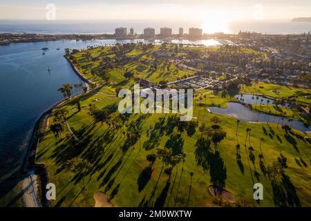 Aerial of Coronado Golf course during sunset with a view of Coronado beach and Pacific ocean Stock Photo