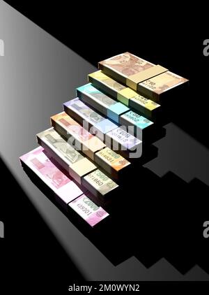 Indian Rupee Currency Note Bundles in Shape of Ladder Stairs with Directional Lighting - 3D Illustration Render Stock Photo