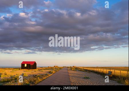 Rye Harbour Nature Reserve Hut with red roof Red Roofed Hut Rye Harbour Rye East Sussex England UK GB Europe Stock Photo