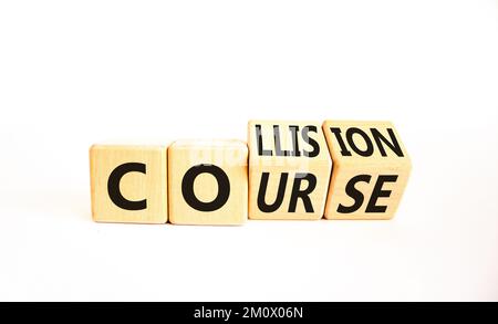 Collision course symbol. Concept word Collision course on wooden cubes. Beautiful white table white background. Business collision course concept. Cop Stock Photo