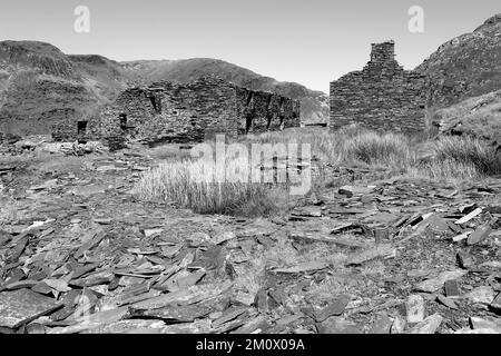 Abandoned Quarry Worker Cottages, Cwmorthin, Tanygrisiau, Blaenau Ffestiniog, Wales Stock Photo