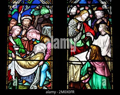 'Burial of Abraham' stained glass window, St Hilary's Church, Wallasey, UK Stock Photo