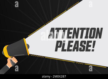 Attention please. Megaphone in hand promotion banner. Promotional advertising, marketing speech or client support vector Stock Vector