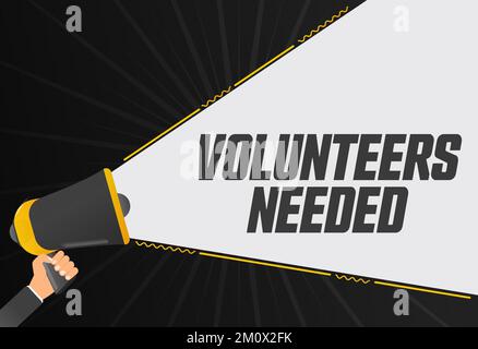 Volunteers needed. Megaphone in hand promotion banner. Promotional advertising, marketing speech or client support vector Stock Vector