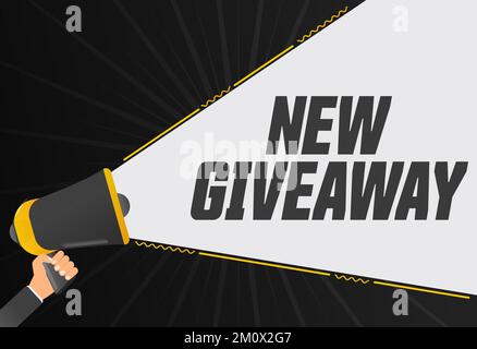New giveaway. Megaphone in hand promotion banner. Promotional advertising, marketing speech or client support vector Stock Vector