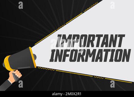 Important information. Megaphone in hand promotion banner. Promotional advertising, marketing speech or client support vector Stock Vector