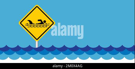 Stop, beware of sharks sigboard. Cartoon shark warning sign for beach people in the water or ocean zone. Stickman swimming. Shark sighting sign, beach Stock Photo