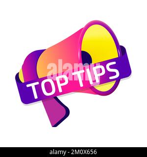 Top Tips banner label, badge icon with megaphone. Flat design Stock Vector