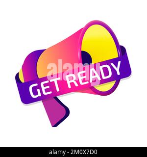 Get Ready banner label, badge icon with megaphone. Flat design Stock Vector