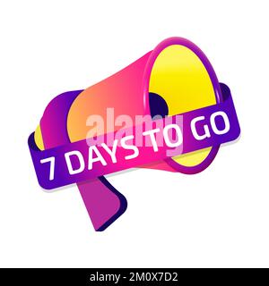 7 Days To Go banner label, badge icon with megaphone. Flat design Stock Vector