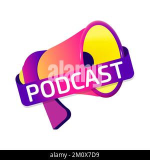 Podcast banner label, badge icon with megaphone. Flat design Stock Vector