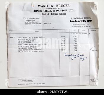 1970s Shop Sales Receipt from Ward and Kruger Military Tailors Sackville Street London Stock Photo