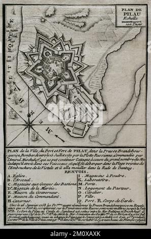 Seven Years War (1756-1763). Map of the fortress of Pillau, on the Baltic Sea. The Russian army was bombarding the fortress during 1757 and 1758, altough was forced to cease it attacks because of an excessive incidence of disease. Despite this, the Prussians abandoned the fortress in early 1758, and remained in Russian hands during the duration of the war. Published in 1765 by the cartographer Jean de Beaurain (1696-1771) as an illustration of his Great Map of Germany, with the events that took place during the Seven Years War. Engraving. French edition, 1765. Military Historical Library of Ba Stock Photo