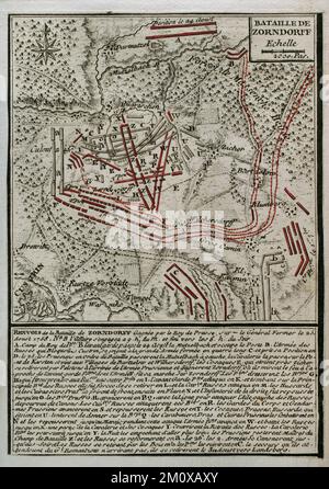 Seven Years War (1756-1763). Map of the Battle of Zorndorf (25th August 1758). The Prussian army of Frederick the Great won a pyrrhic victory over Russian troops under General Fermor. Published in 1765 by the cartographer Jean de Beaurain (1696-1771) as an illustration of his Great Map of Germany, with the events that took place during the Seven Years War. Etching and engraving. French edition, 1765. Military Historical Library of Barcelona (Biblioteca Histórico Militar de Barcelona). Catalonia. Spain. Stock Photo