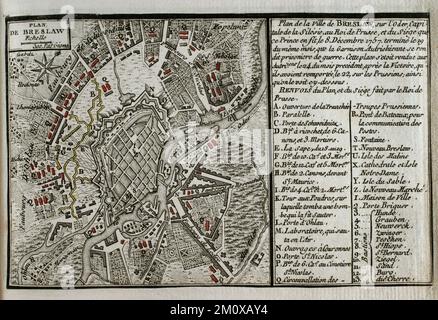 Seven Years War (1756-1763). Map of Breslau, 1757. The town was besieged by the Prussian army of Frederick the Great between 7 and 19 December 1757, which successfully engaged a combined Austrian and French force under the command of Soloman Sprecher von Bernegg. On 20 December the Austrian garrison at Breslau surrendered as prisoners of war. On 21 December the Austrians left Breslau through the Schweidnitz Gate, laying down their arms before Frederick II of Prussia. Map of Breslau and the siege to which it was subjected. Published in 1765 by the cartographer Jean de Beaurain (1696-1771) as an Stock Photo