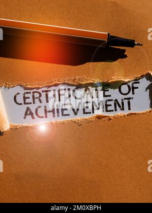 Text sign showing Certificate Of Achievement. Word for certify that a person done exceptionally well Stock Photo