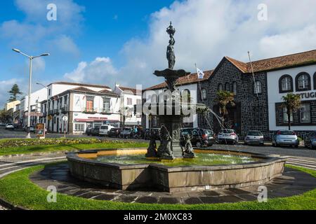 Fountain in the historic town of Ponta Delgada, Island of Sao Miguel, Azores, Portugal, Europe Stock Photo