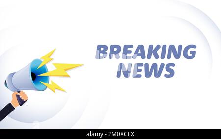 Hand hold megaphone. Breaking news, realistic 3d megaphone, loudspeaker with lightning. Symbols Speaker, Social media, Advertising and promotion Stock Vector