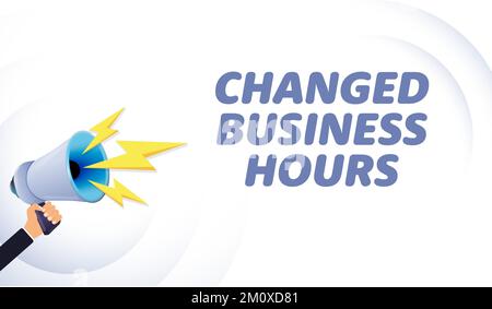 Hand hold megaphone. Changed business hours, realistic 3d megaphone, loudspeaker with lightning. Symbols Speaker, Social media, Advertising and Stock Vector