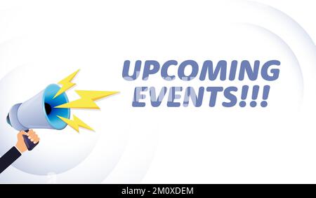 Hand hold megaphone. Upcoming events, realistic 3d megaphone, loudspeaker with lightning. Symbols Speaker, Social media, Advertising and promotion Stock Vector