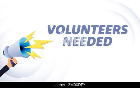 Hand hold megaphone. Volunteers needed, realistic 3d megaphone, loudspeaker with lightning. Symbols Speaker, Social media, Advertising and promotion Stock Vector