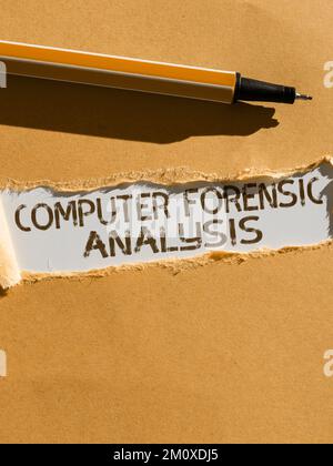 Handwriting text Computer Forensic Analysis, Business overview evidence found in computers and storage media Stock Photo