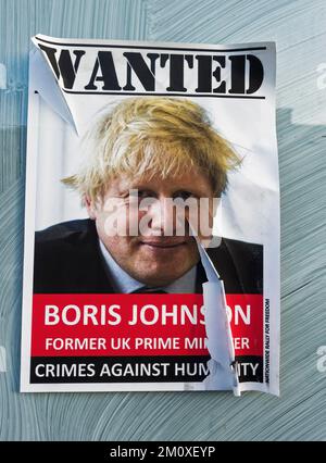 Photograph of former UK prime minister Boris Johnson on a wanted poster at Gosforth High Street, Newcastle upon tyne, UK Stock Photo