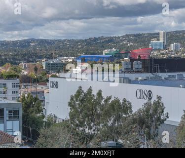 Los Angeles, CA, USA – December 5, 2022: Exterior of CBS Television City on Fairfax boulevard and Fairfax in Los Angeles, CA. Stock Photo