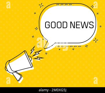 Good news. Megaphone and colorful yellow speech bubble with quote. Blog management, blogging and writing for website. Concept poster for social Stock Vector