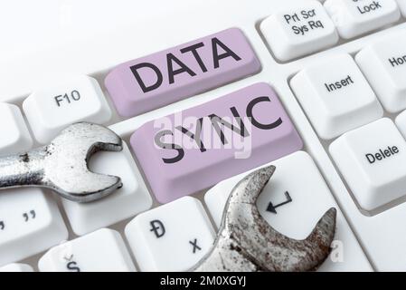 Conceptual caption Data Sync, Concept meaning data that is continuously generated by different sources Stock Photo
