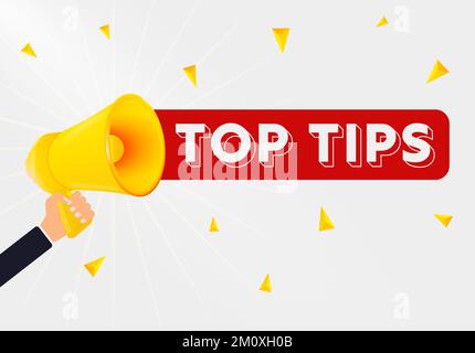Man holding megaphone and word Top Tips near chalkboard. Asking for help Stock Vector