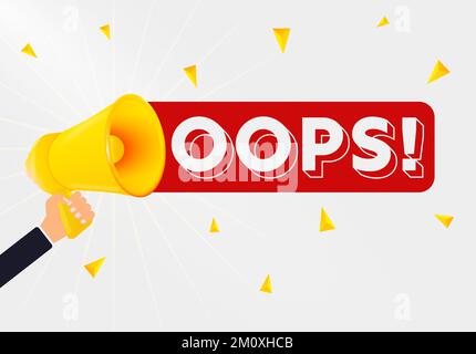 Man holding megaphone and word Oops near chalkboard. Asking for help Stock Vector