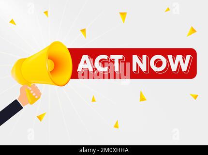 Man holding megaphone and word Act Now near chalkboard. Asking for help Stock Vector