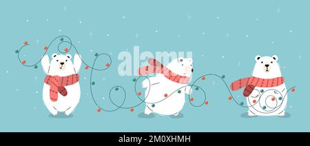 Set of three vector polar bears in orange scarves carrying garland for Christmas. Stock Vector