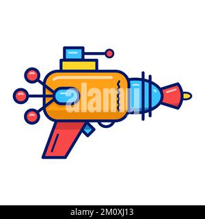 Vector illustration with one cartoon retro blaster. Yellow laser weapon on white background. Stock Vector