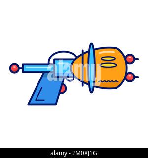 Flat vector illustration with blaster in cartoon style. Blue and yellow laser weapon or ray gun on isolated white background. Stock Vector